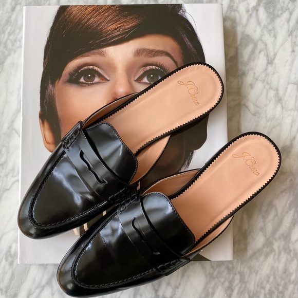 J. Crew Shoes - J. Crew Black Patent Leather Backless Penny Loafers